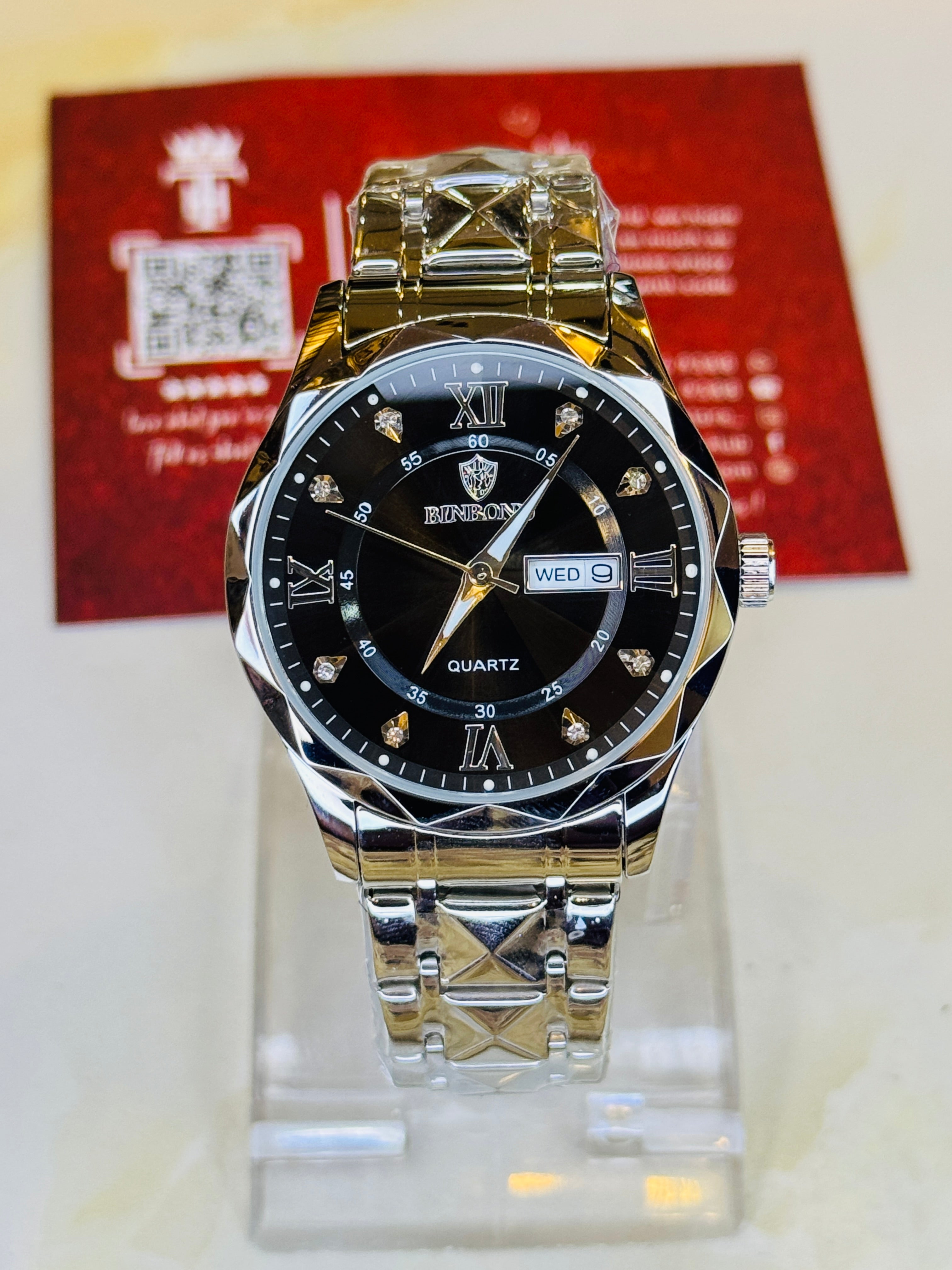 Silver Black Binbond Diamond Dial Watch