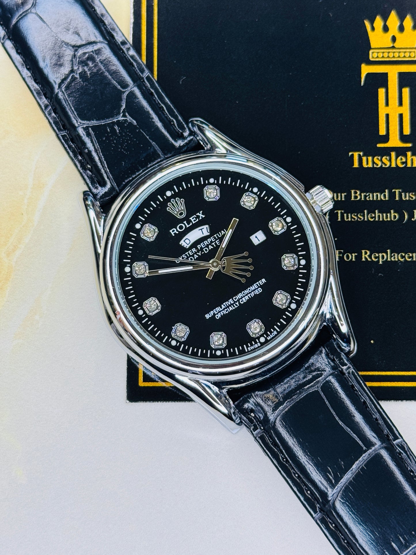 Black Silver Black Round Leather Rolex Watch