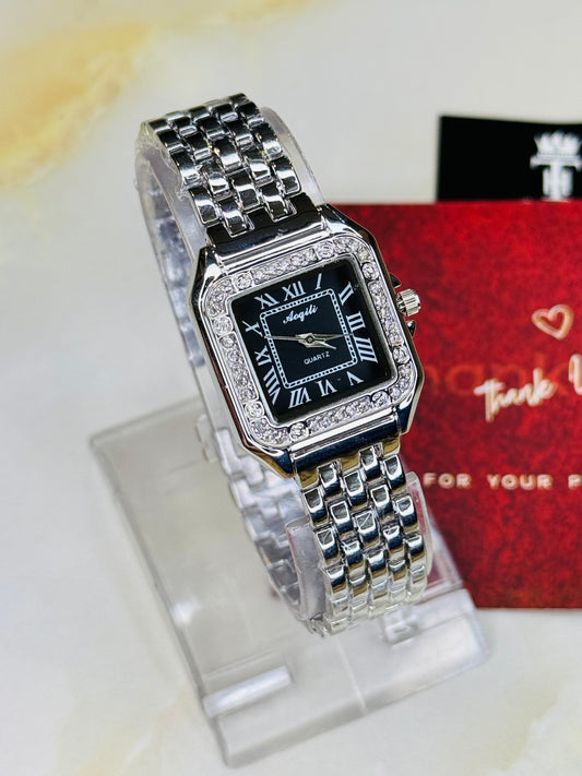 Silver Black Zircon Santos Watch For Her