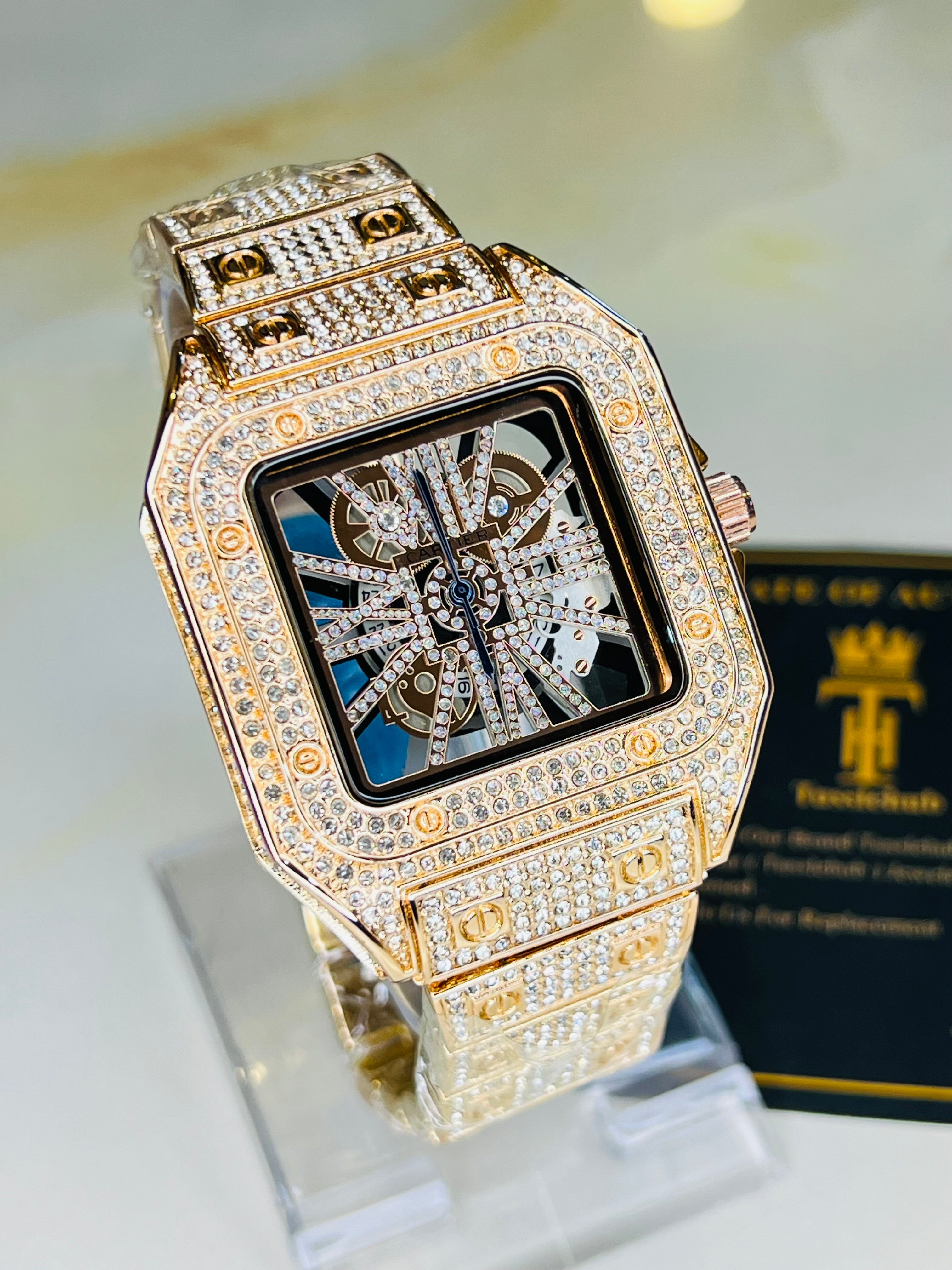 Rose Gold Skeleton Iced Out Watch