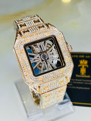 Rose Gold Skeleton Iced Out Watch