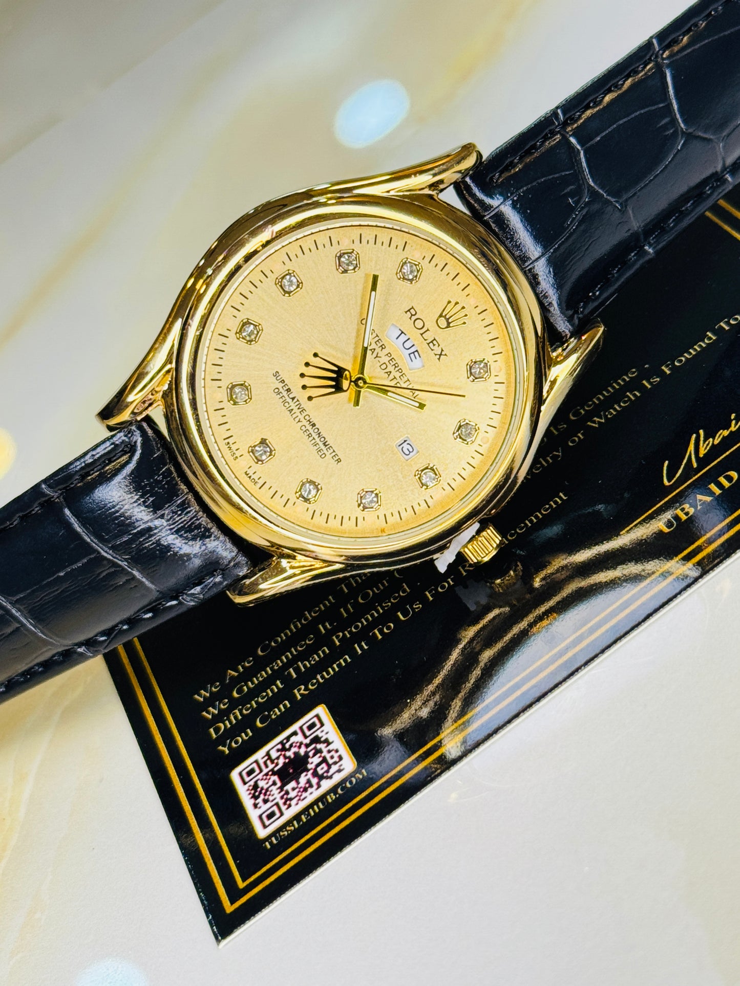 Black Gold Dial Round Leather Rolex Watch