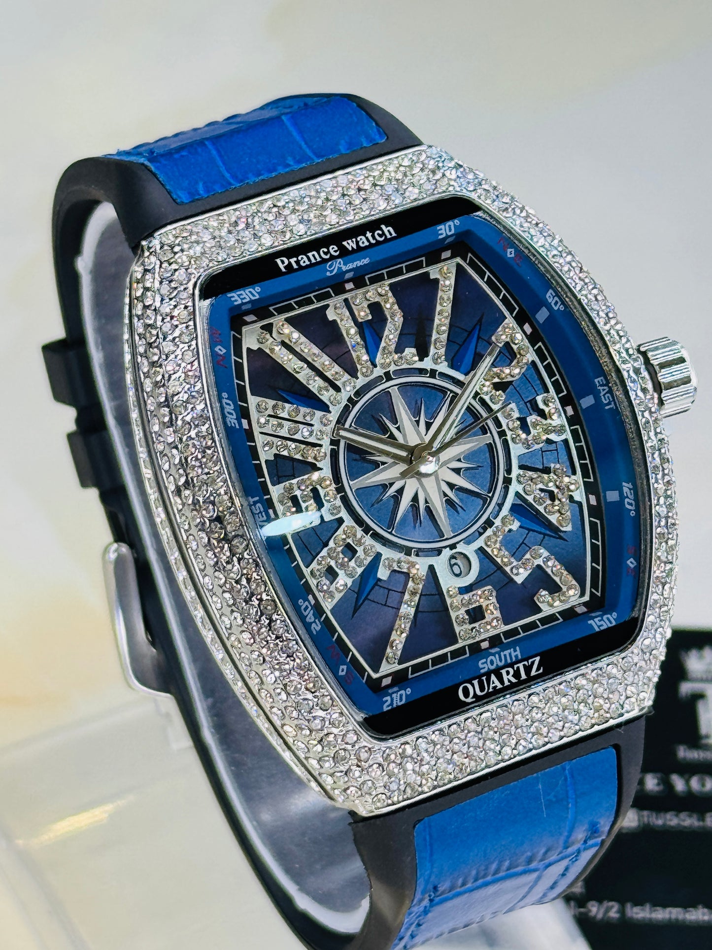Blue Silver Iced Frank Muller Watch