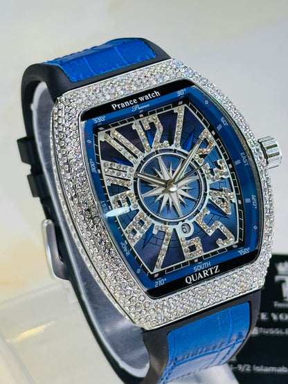 Blue Silver Iced Frank Muller Watch