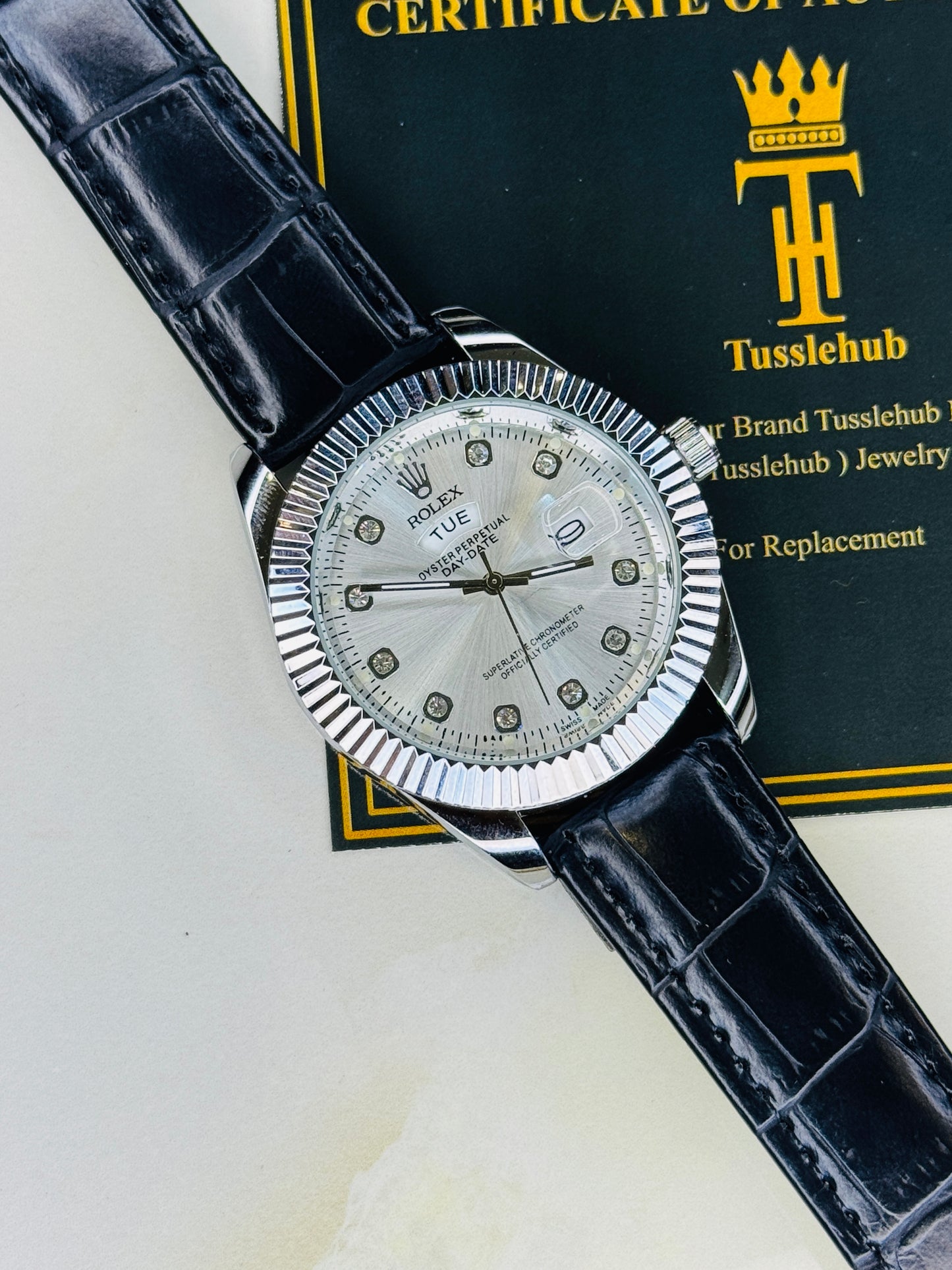 Black Silver White Day Date Leather Rolex Watch