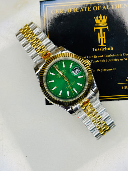 Jubilee Date Just Two Tone Vertical Fluted Green Dial Quartz Watch