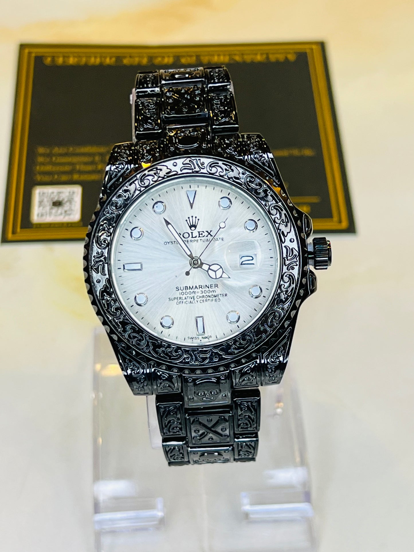 Black White Calligraphic Engraved Rolex