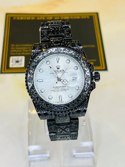 Black White Calligraphic Engraved Rolex