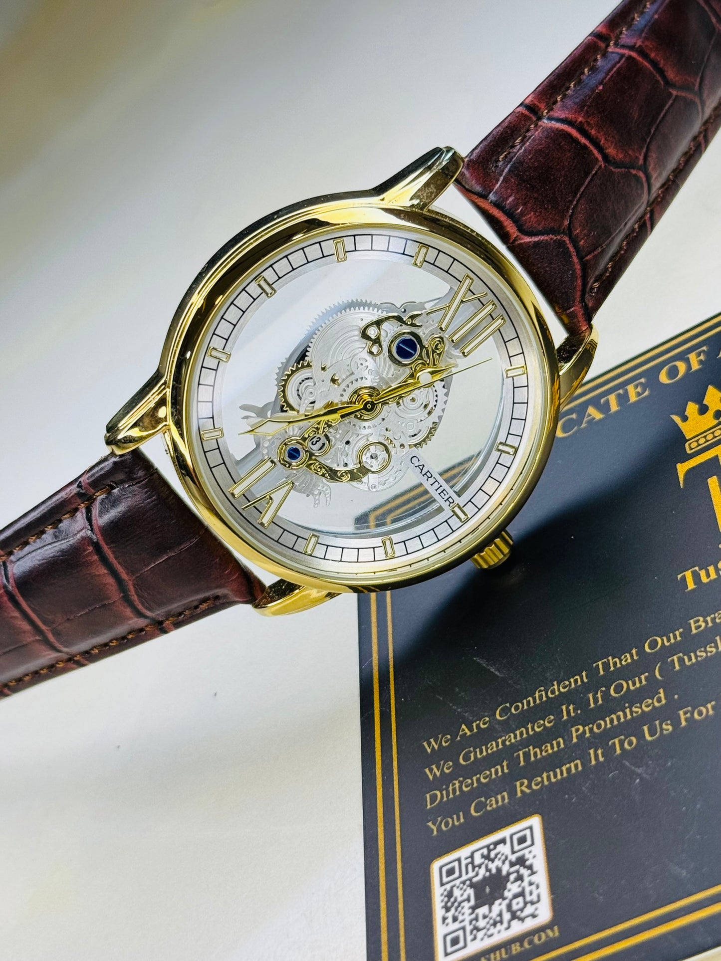 Brown Gold Skeleton Leather Cartier Watch