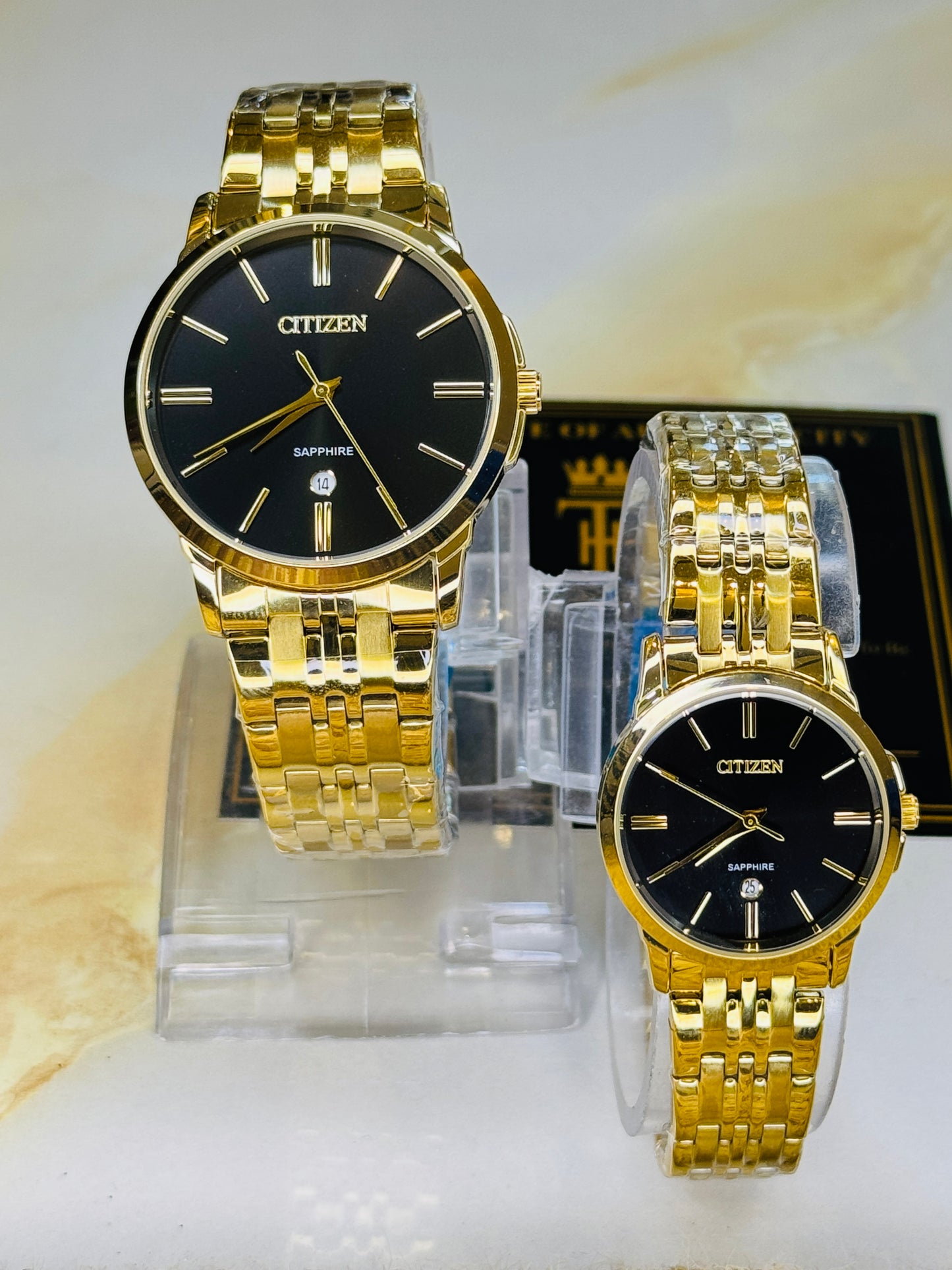 Gold Black Down Date Citizen Couple Watch