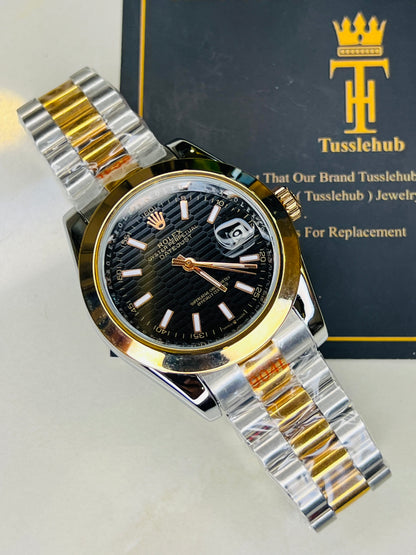 President Date Just Silver Rose Plain Bezel Black Dial Automatic Watch
