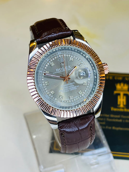 Brown Rose Gold Grey Leather Rolex Watch