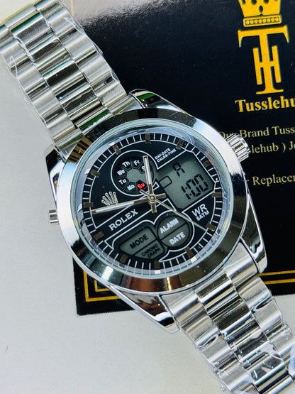 Premium Dual Time Silver Black Dial Watch
