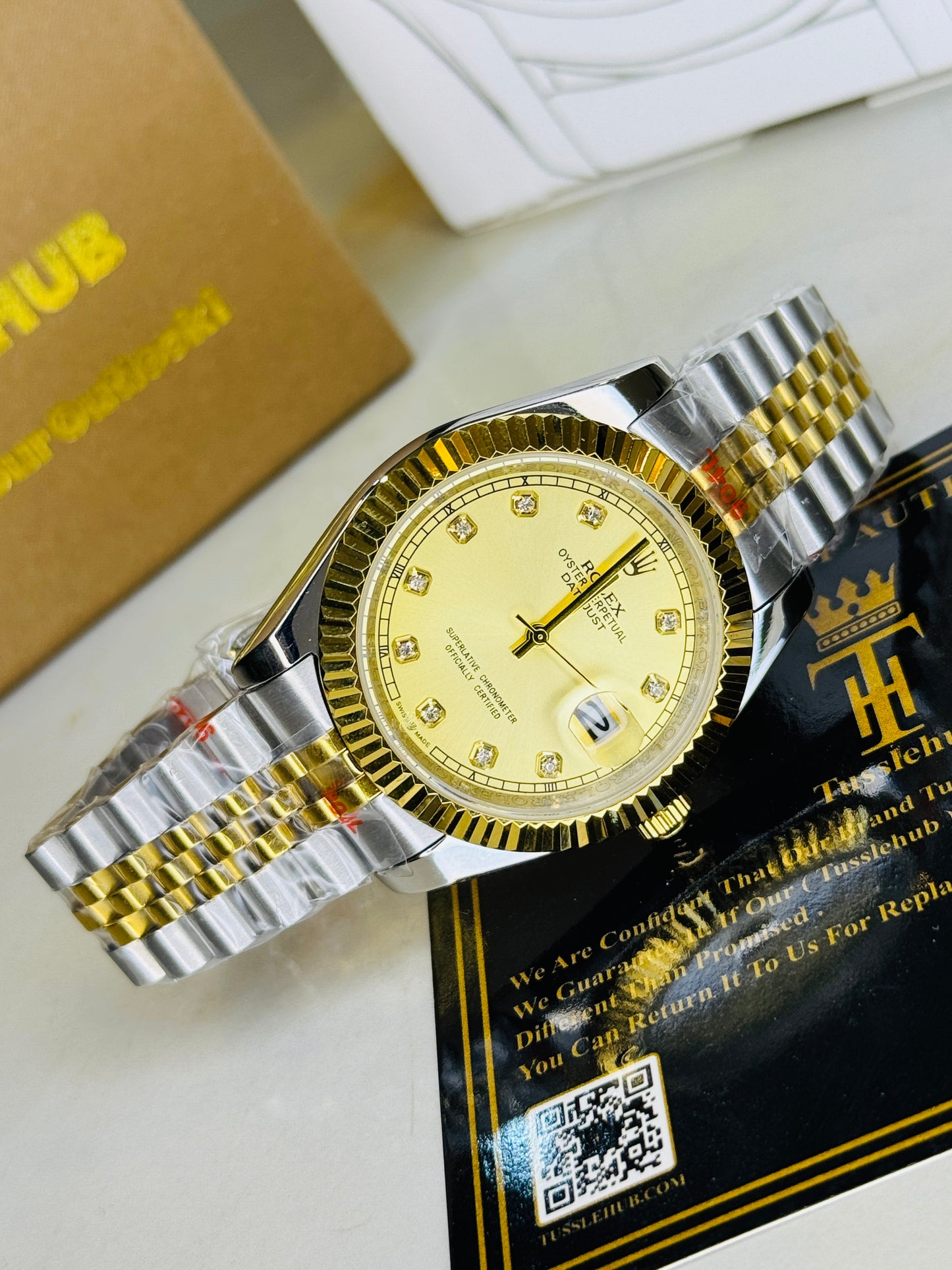 Jubilee Date Just Two Tone Diamond Fluted Gold Dial Quartz Watch