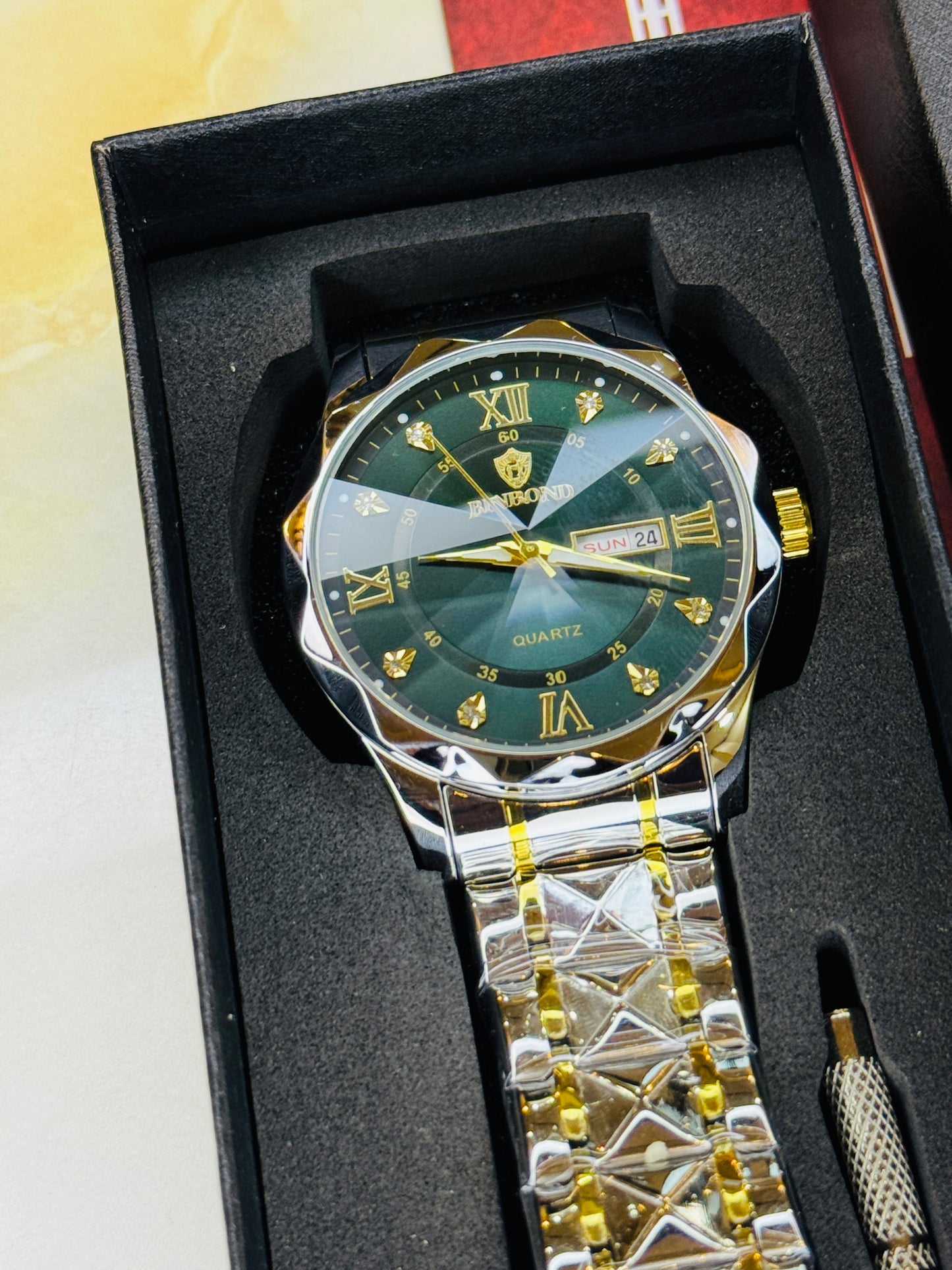 Forest Green Binbond Diamond Dial Watch