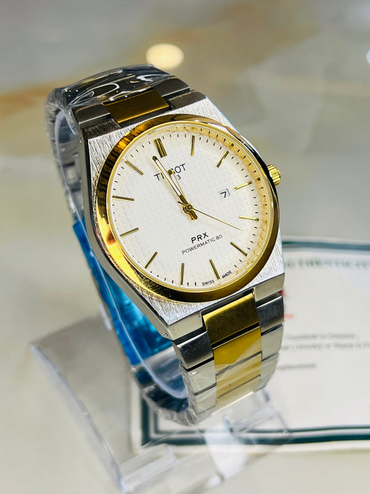 Tissot PRX 1853 Gold Silver With Textured White Dial Watch