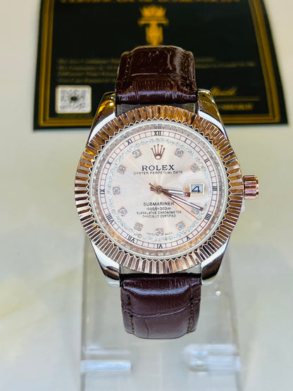 Brown Rose Gold Leather Rolex Watch