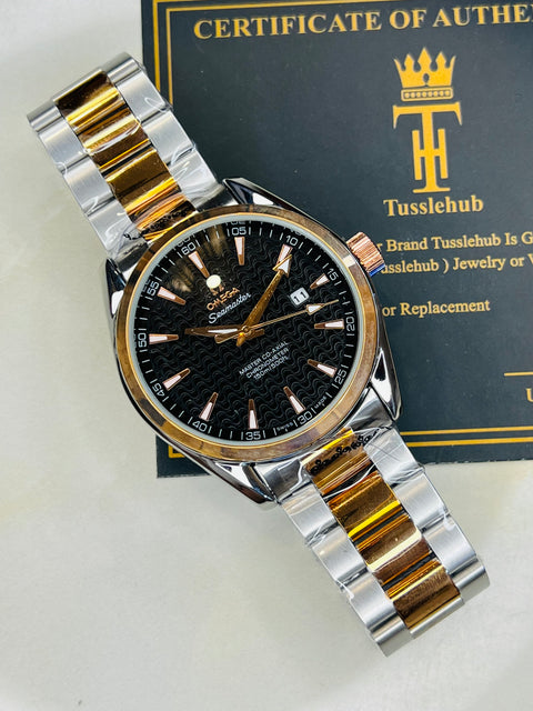 Automatic Sea Master Two Tone Black Dial Watch