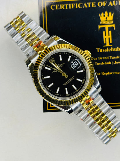 Jubilee Date Just Two Tone Vertical Fluted Black Dial Quartz Watch