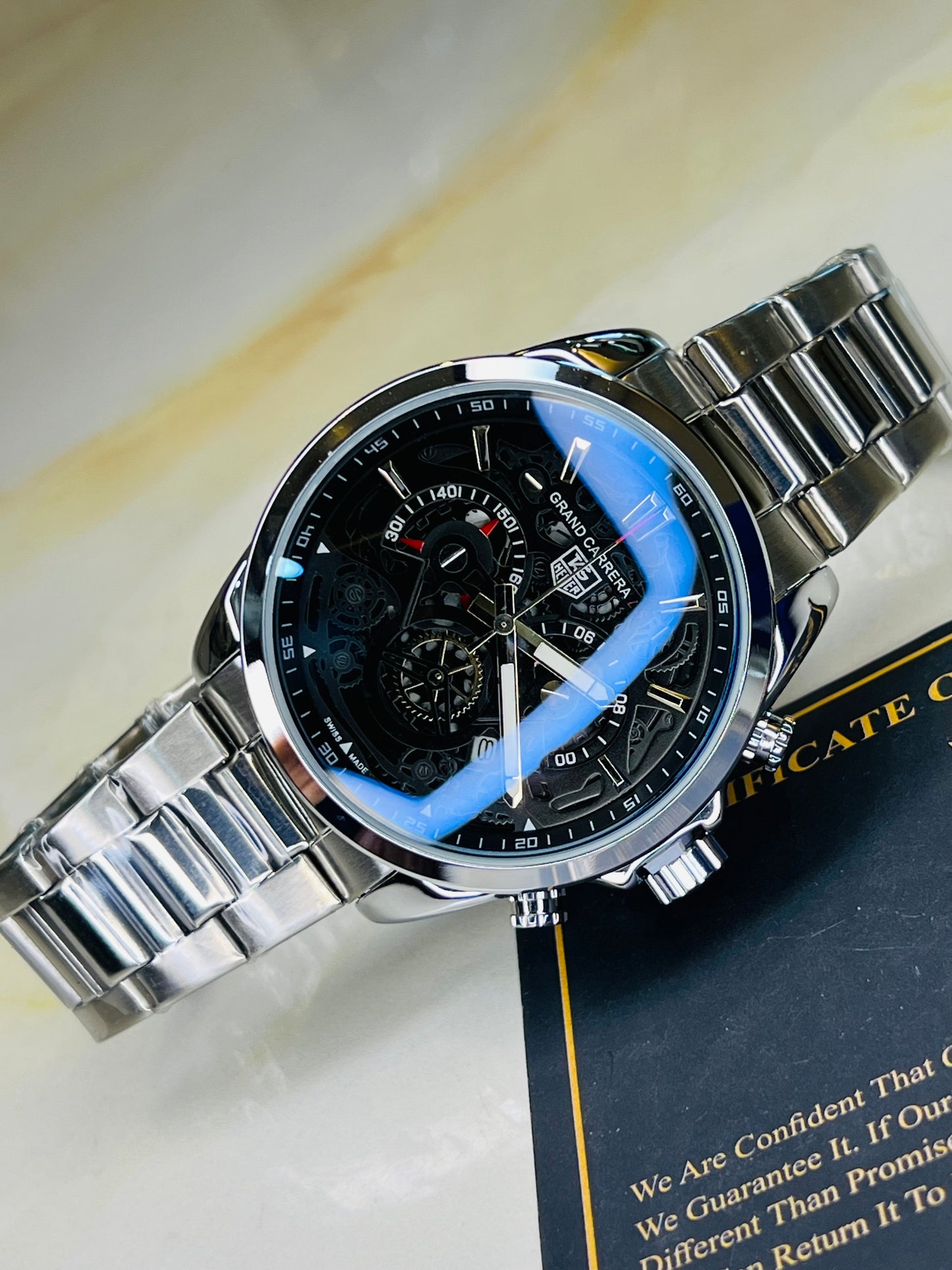 Silver Black Grand Carrera Chain Strap Chronographs  Watch