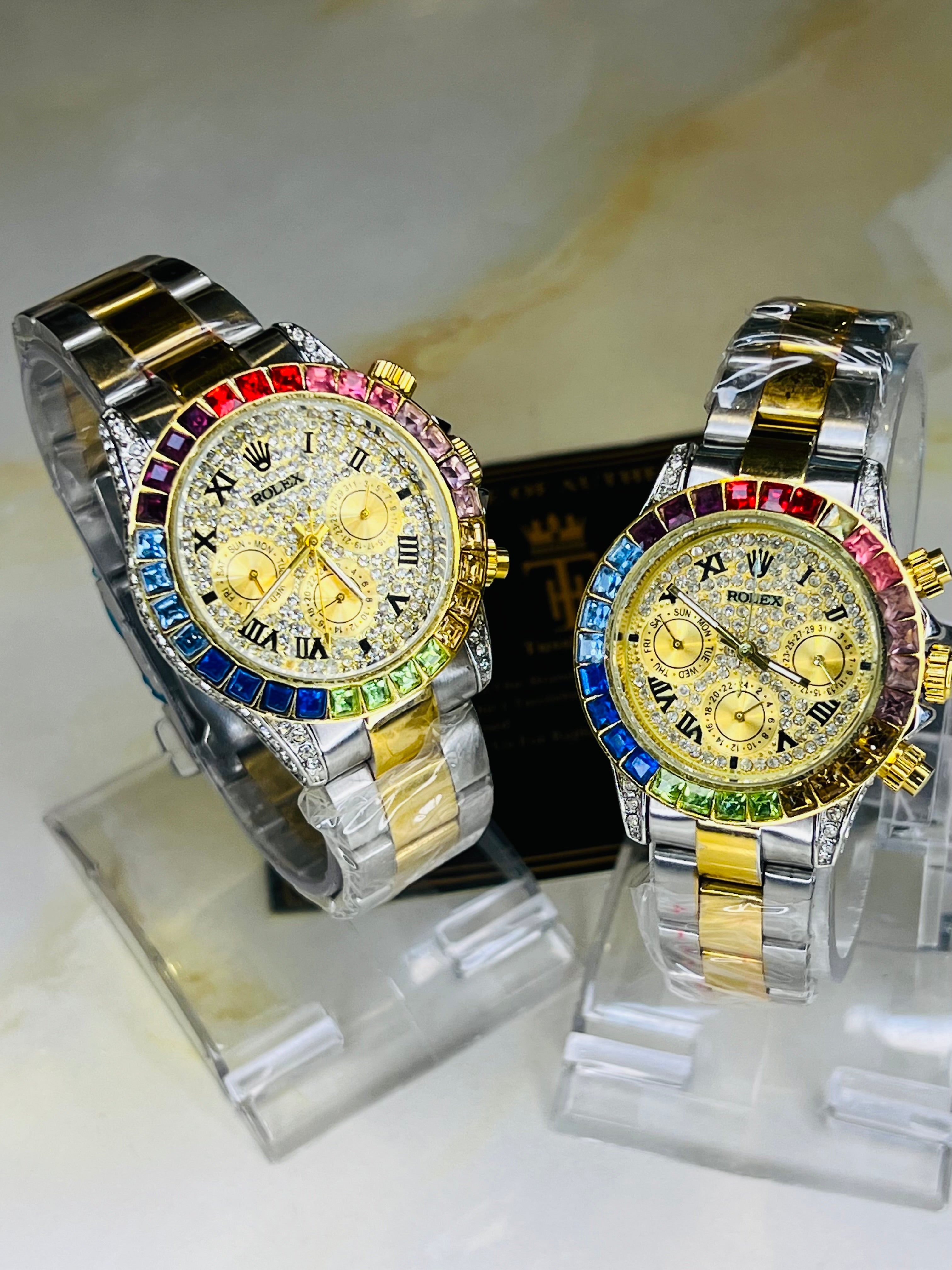 Two Tone Rainbow Iced Couple Watches