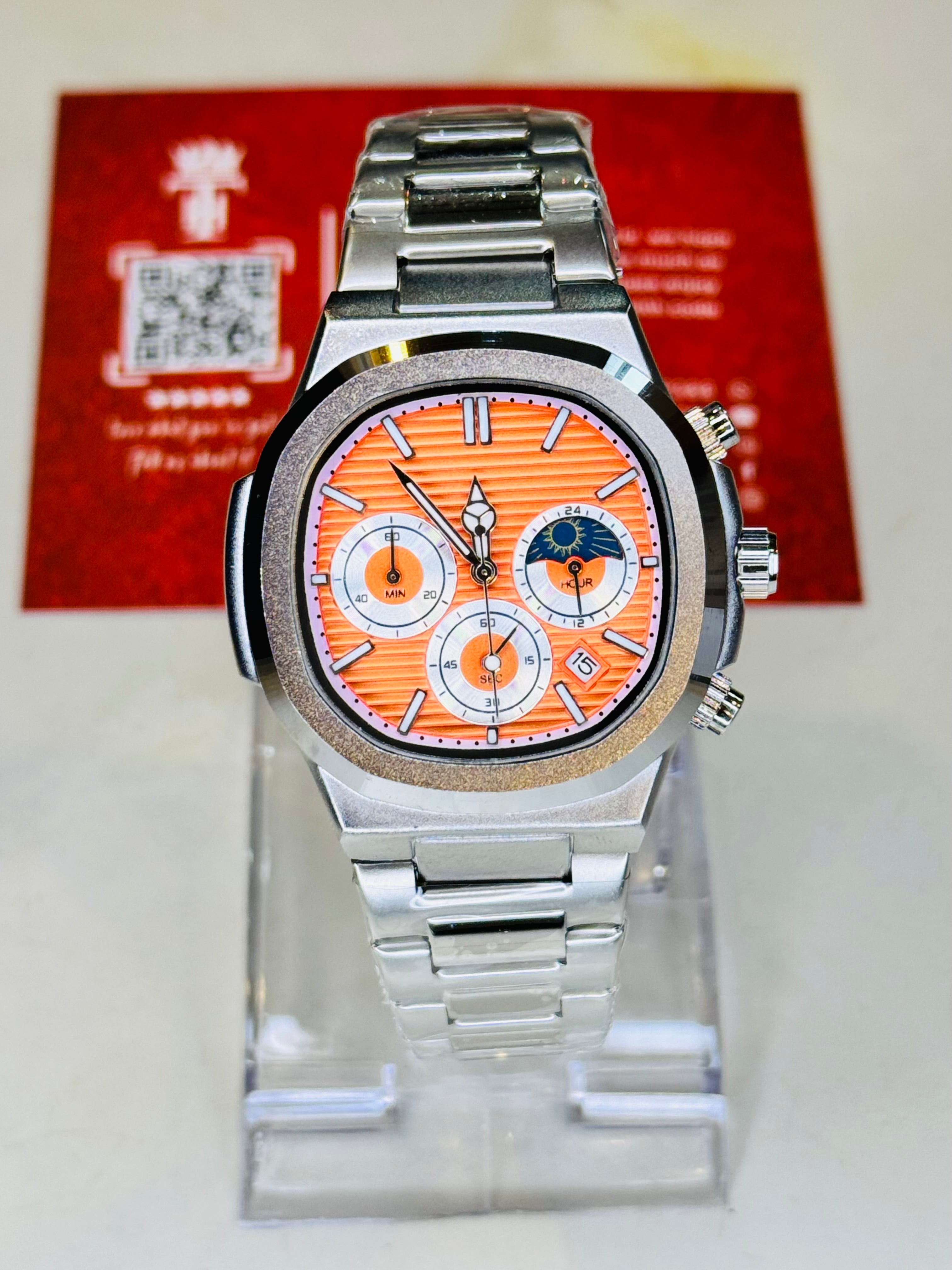 Silver Orange Nautilus Chronograph Watch