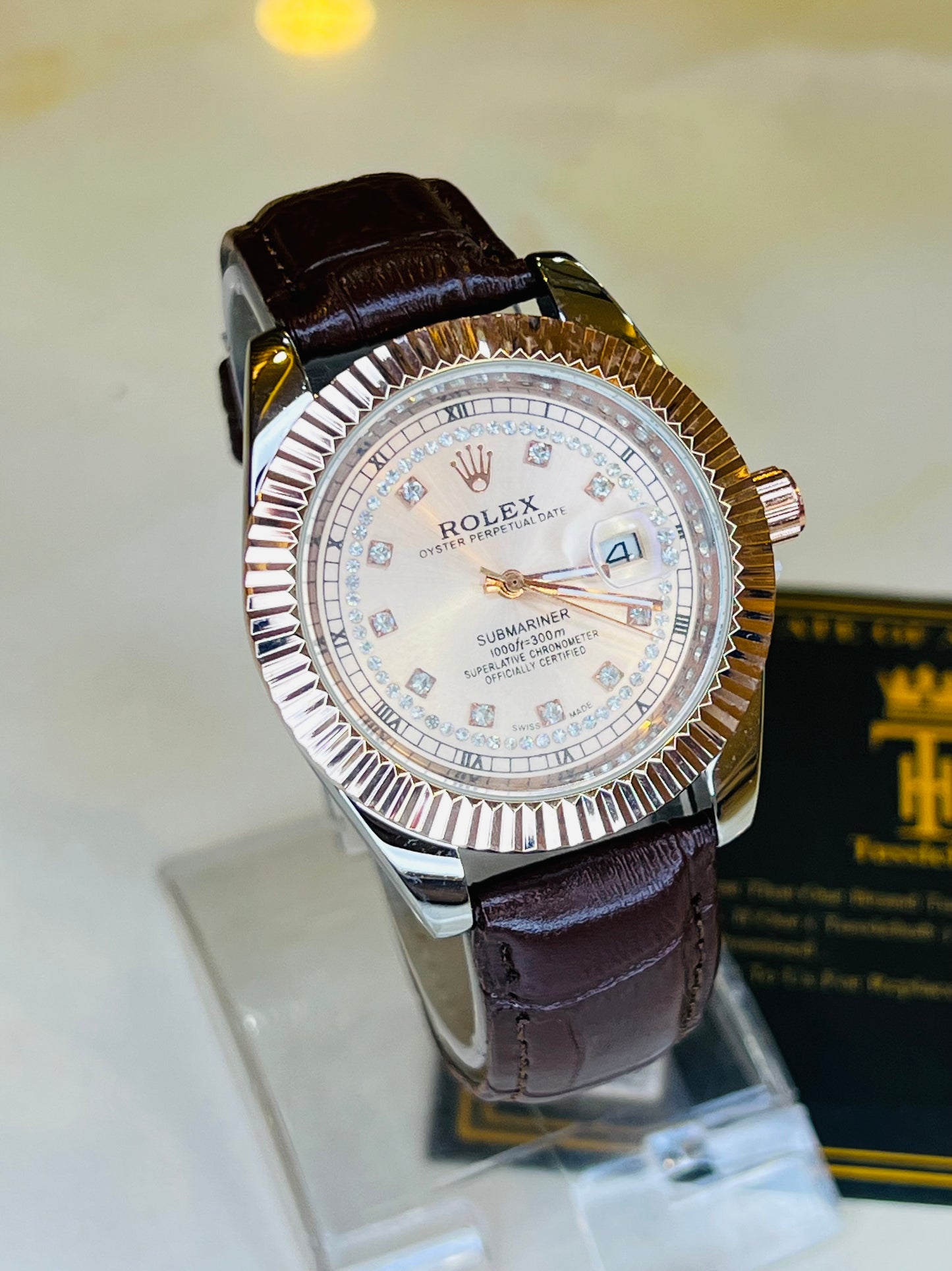 Brown Rose Gold Leather Rolex Watch