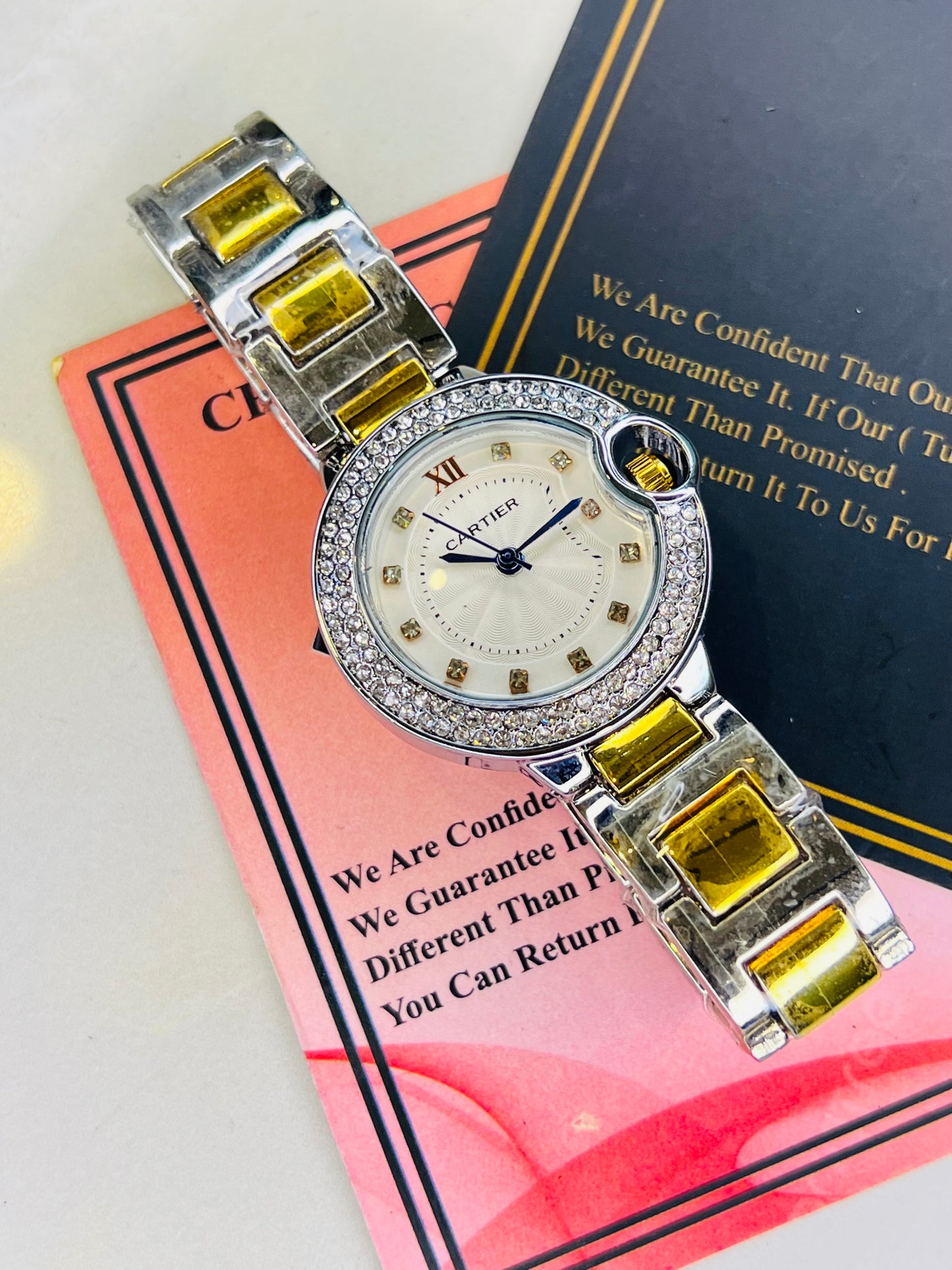 Cartier Silver Gold White iced Dial Watch For Her