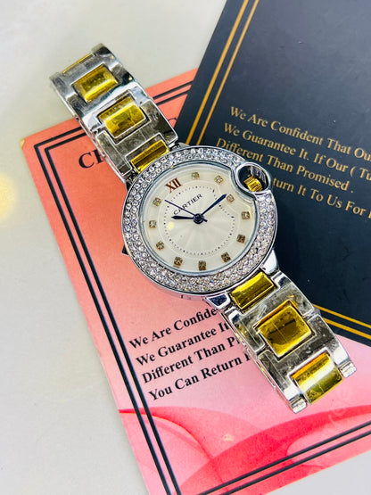 Cartier Silver Gold White iced Dial Watch For Her