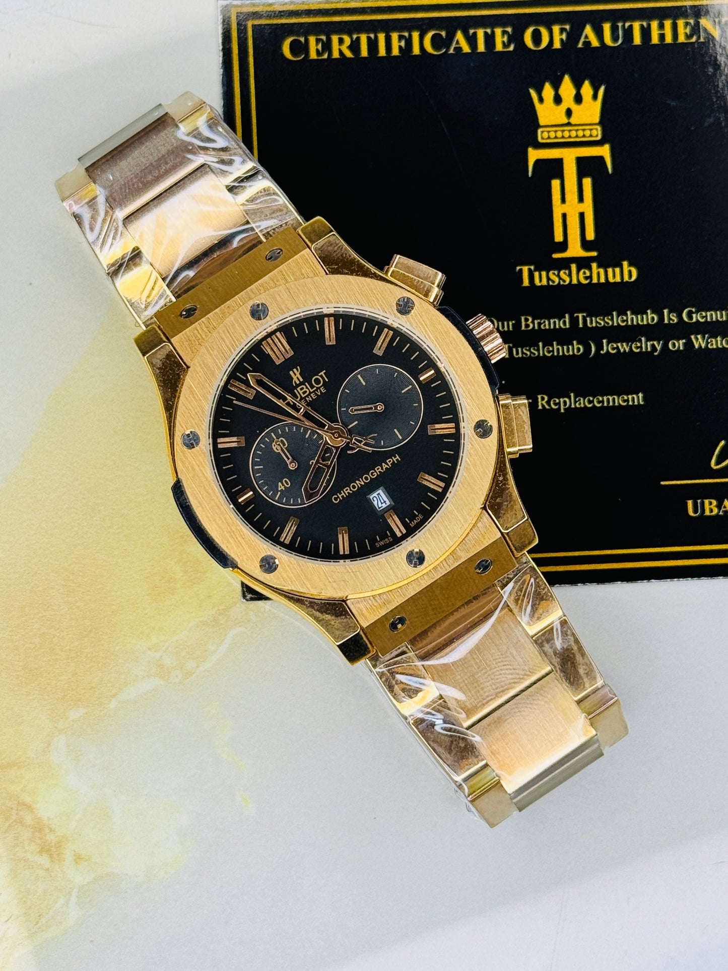 Minimal Rose Gold Black Dial Super Clone Chronograph Hublot Watch