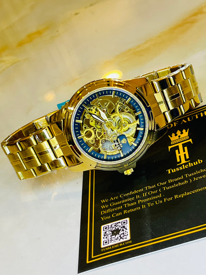 R-2 Gold Navy Chain Strap Skeleton Automatic Watch