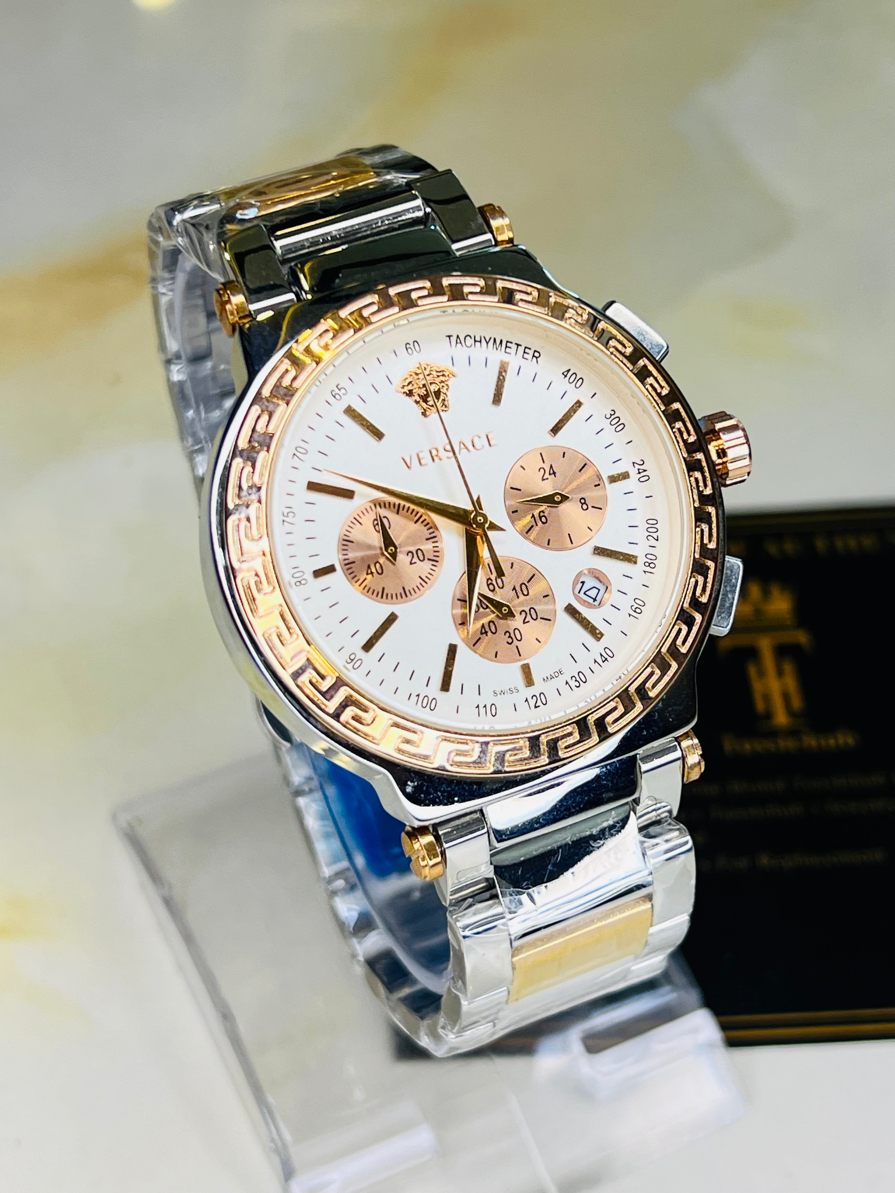 Silver Copper Versace White Chronograph Dial Watch