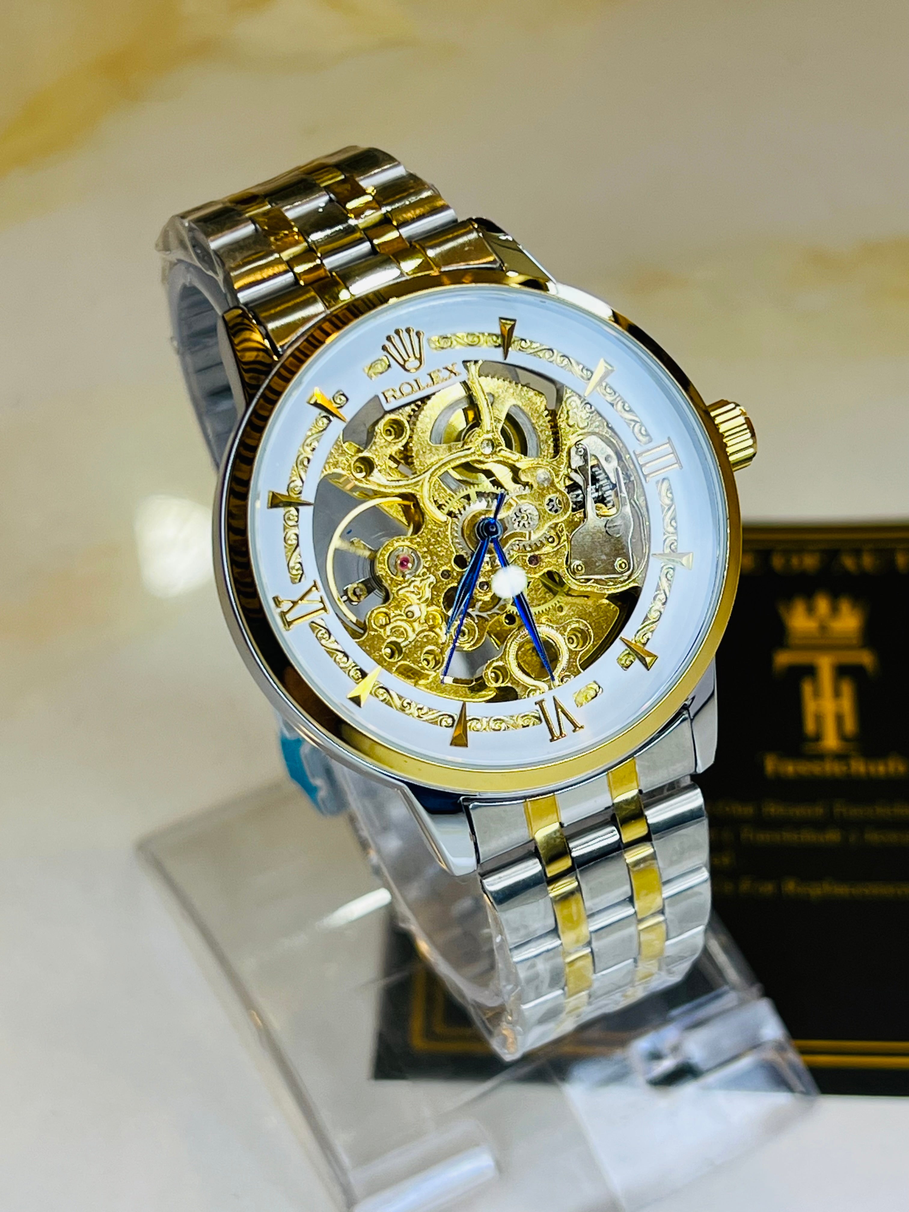 R-1 Two Tone White Chain Strap Skeleton Automatic Watch