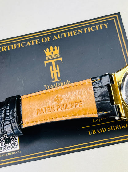 PP Black Leather Strapped Gold Nautilus Watch