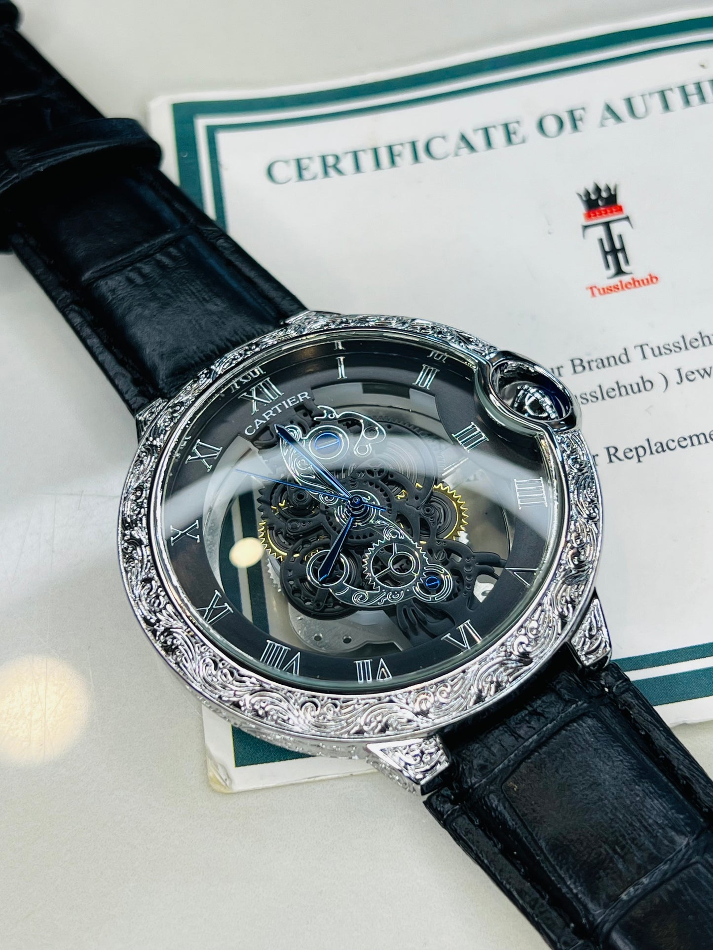 Black Silver Engraved Skeleton Dial Watch