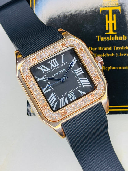 Rosegold Black Iced Tank Silicon Cartier Watch