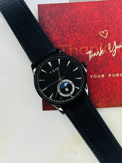 Tomi All Black Leather Magnetic Strap Watch