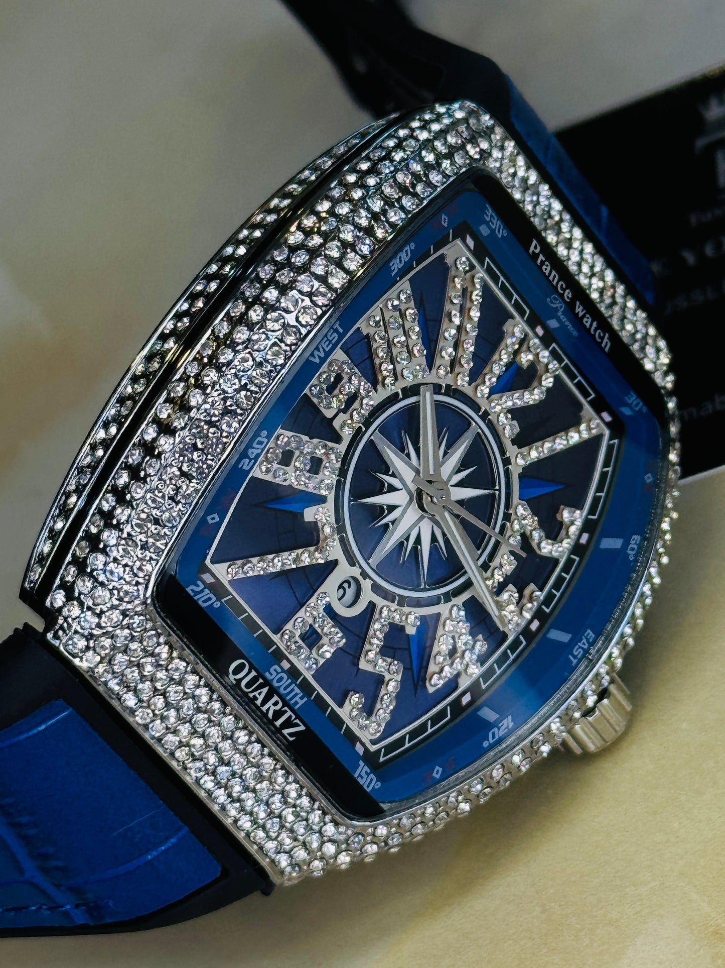 Blue Silver Iced Frank Muller Watch