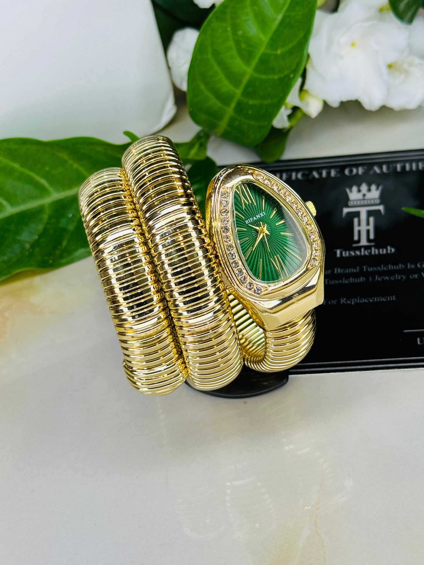 Gold Emerald Serpentine Watch For Her