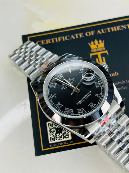 Roman Date Just Silver Black Plain Bezel Automatic Watch