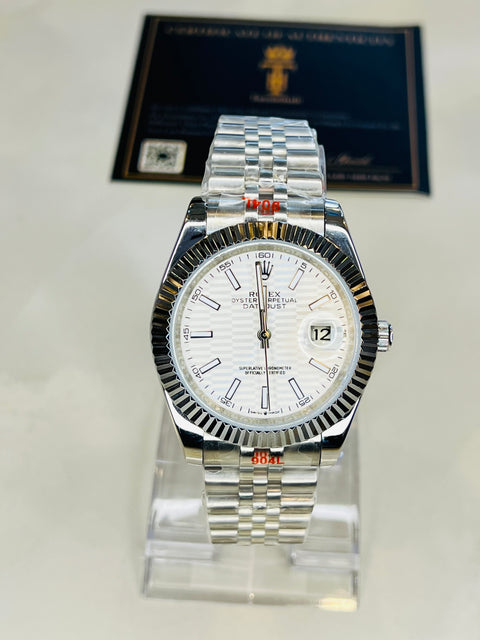 Vertical Date Just Silver Texture White Fluted Bezel Automatic Watch