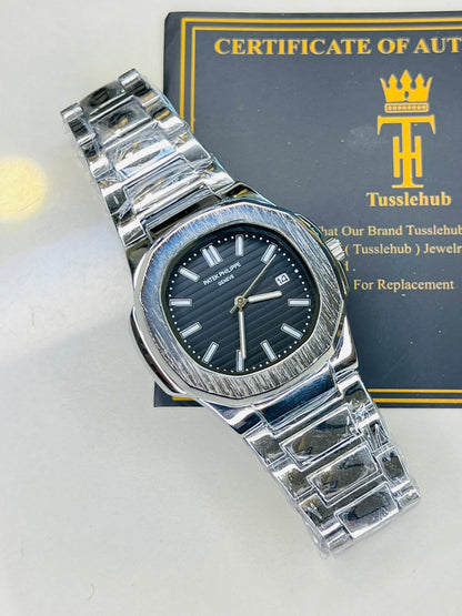 Silver Nautilus Black Dial Watch