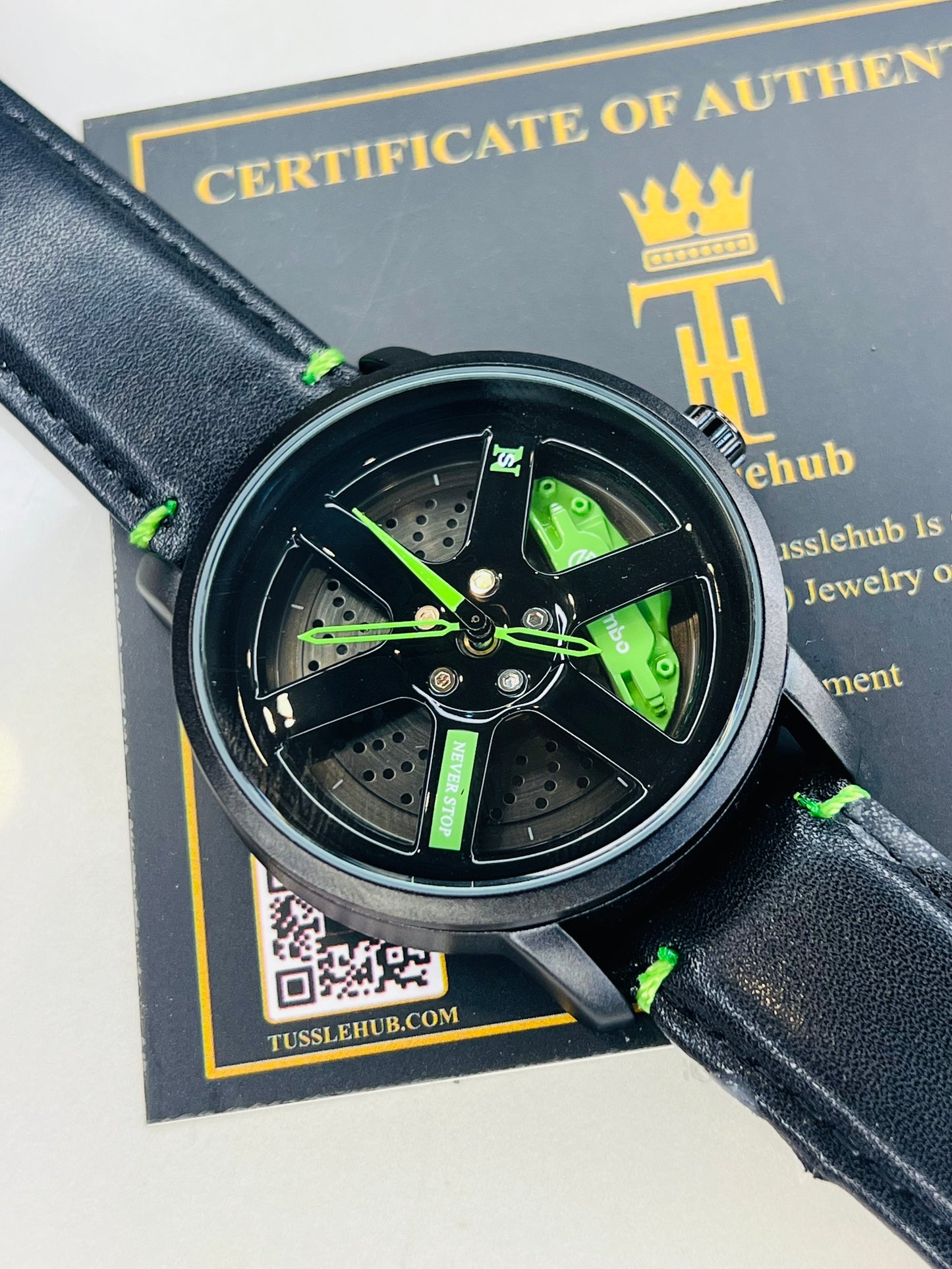 Black Neon Green Leather Strapped Spinner NS Watch