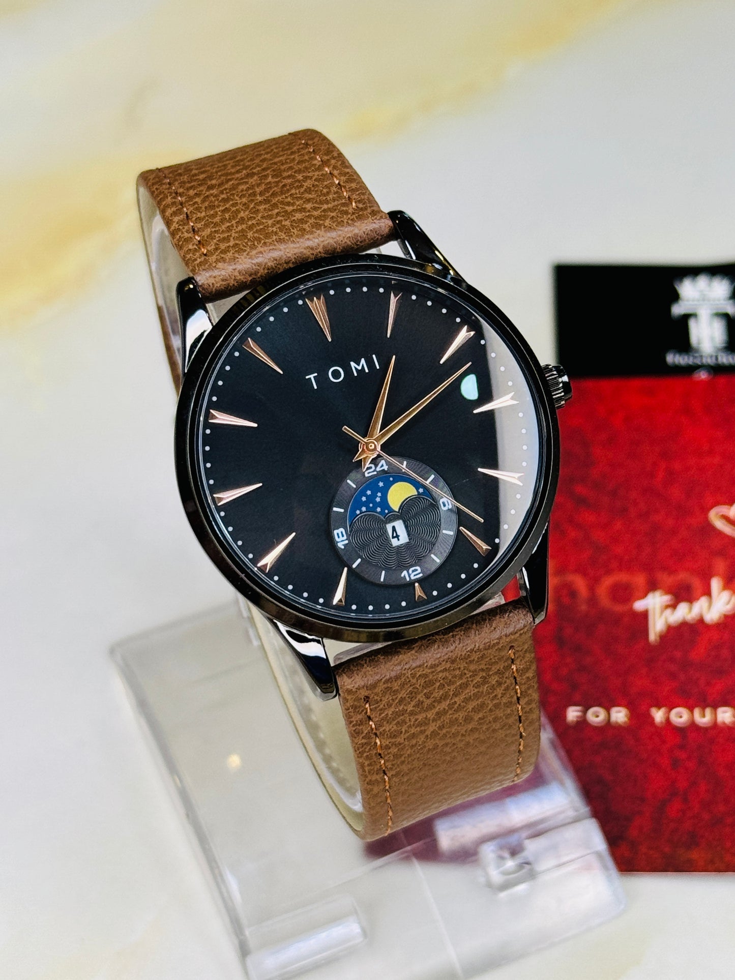 Tomi Brown Black Leather Magnetic Strap Watch
