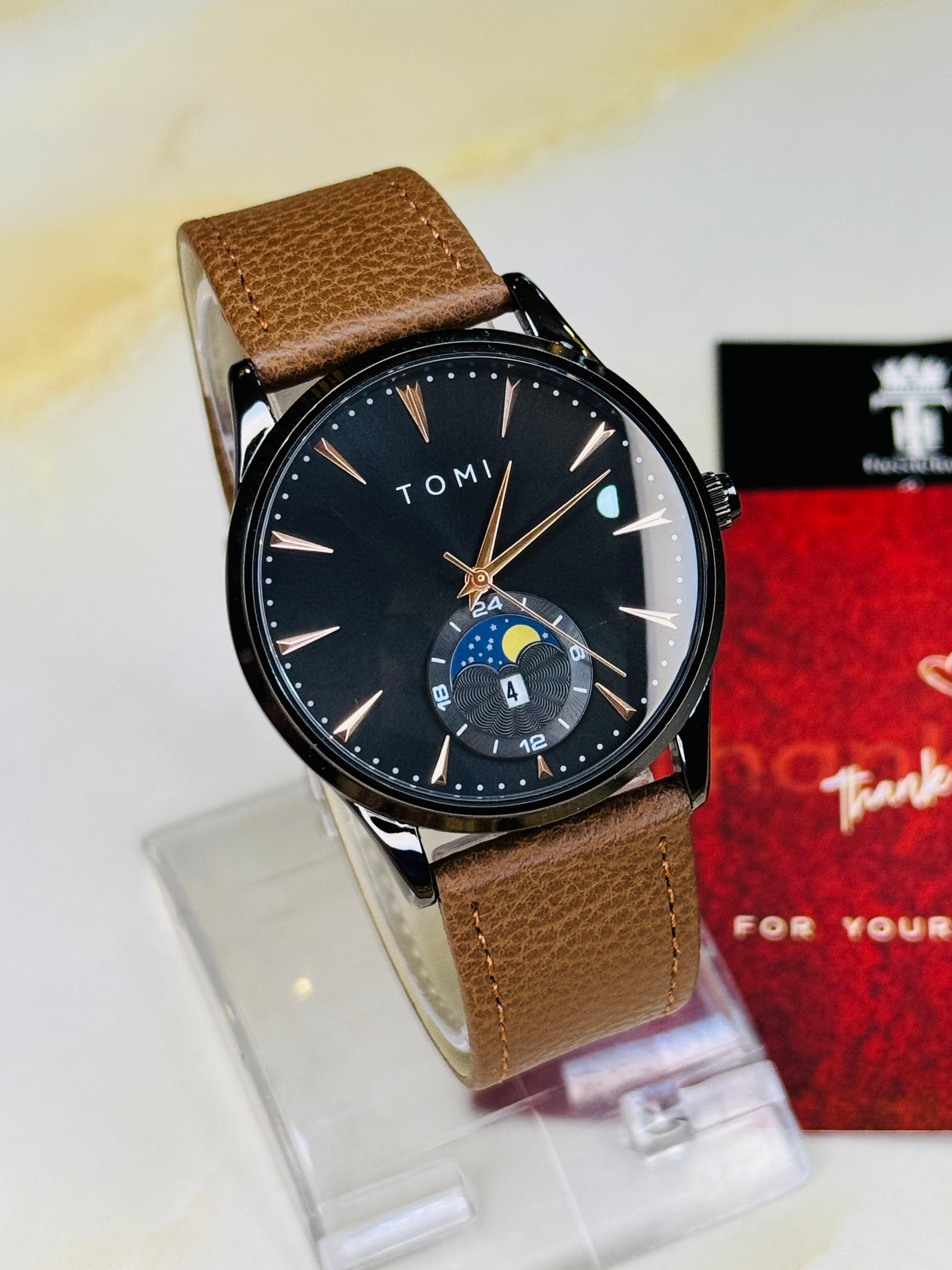 Tomi Brown Black Leather Magnetic Strap Watch