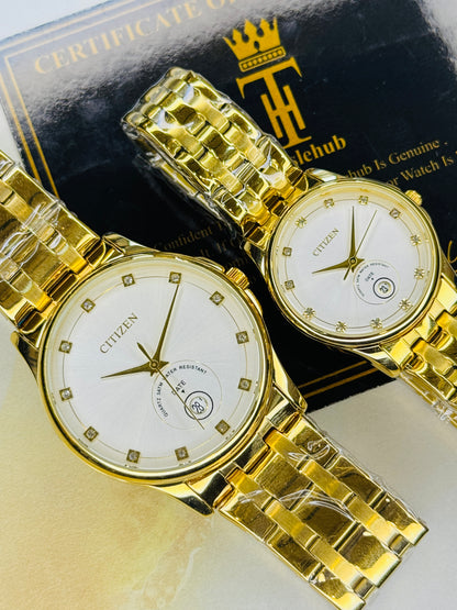 Gold White Down Date Citizen Couple Watch