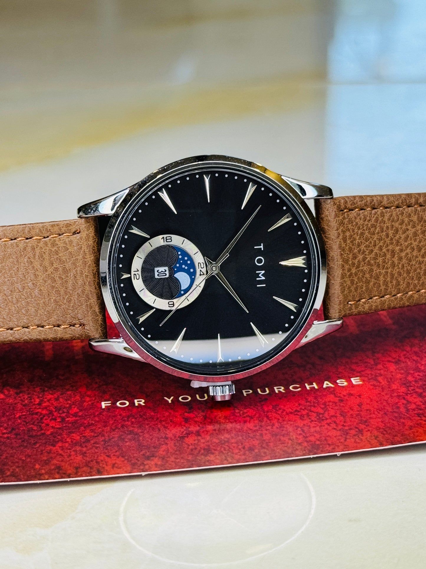 Tomi Brown Silver Leather Magnetic Strap Watch