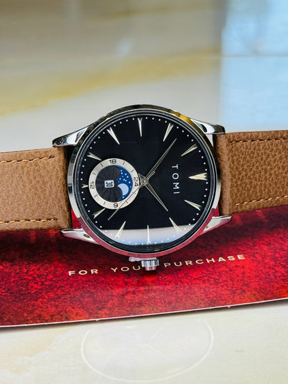 Tomi Brown Silver Leather Magnetic Strap Watch