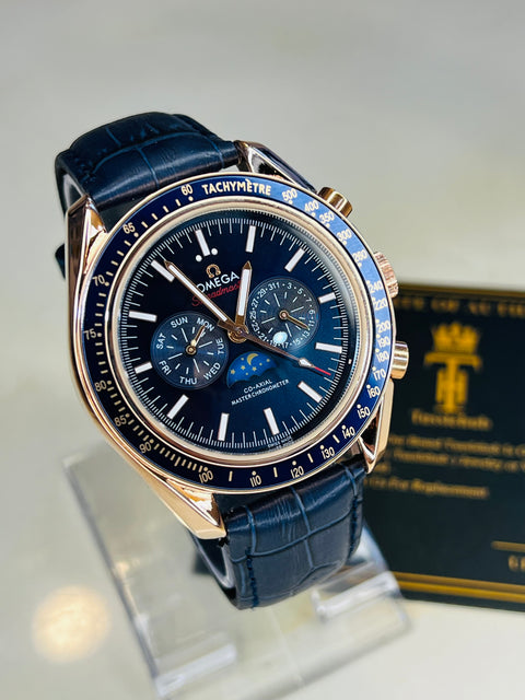 Automatic Leather Sea Master Blue Rose Chronograph Watch