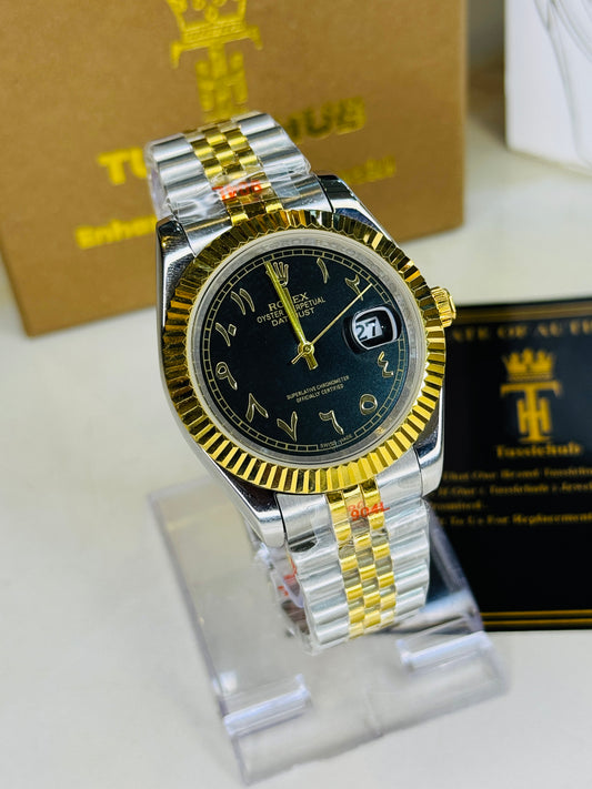 Jubilee Date Just Two Tone Arabic Fluted Black Dial Quartz Watch